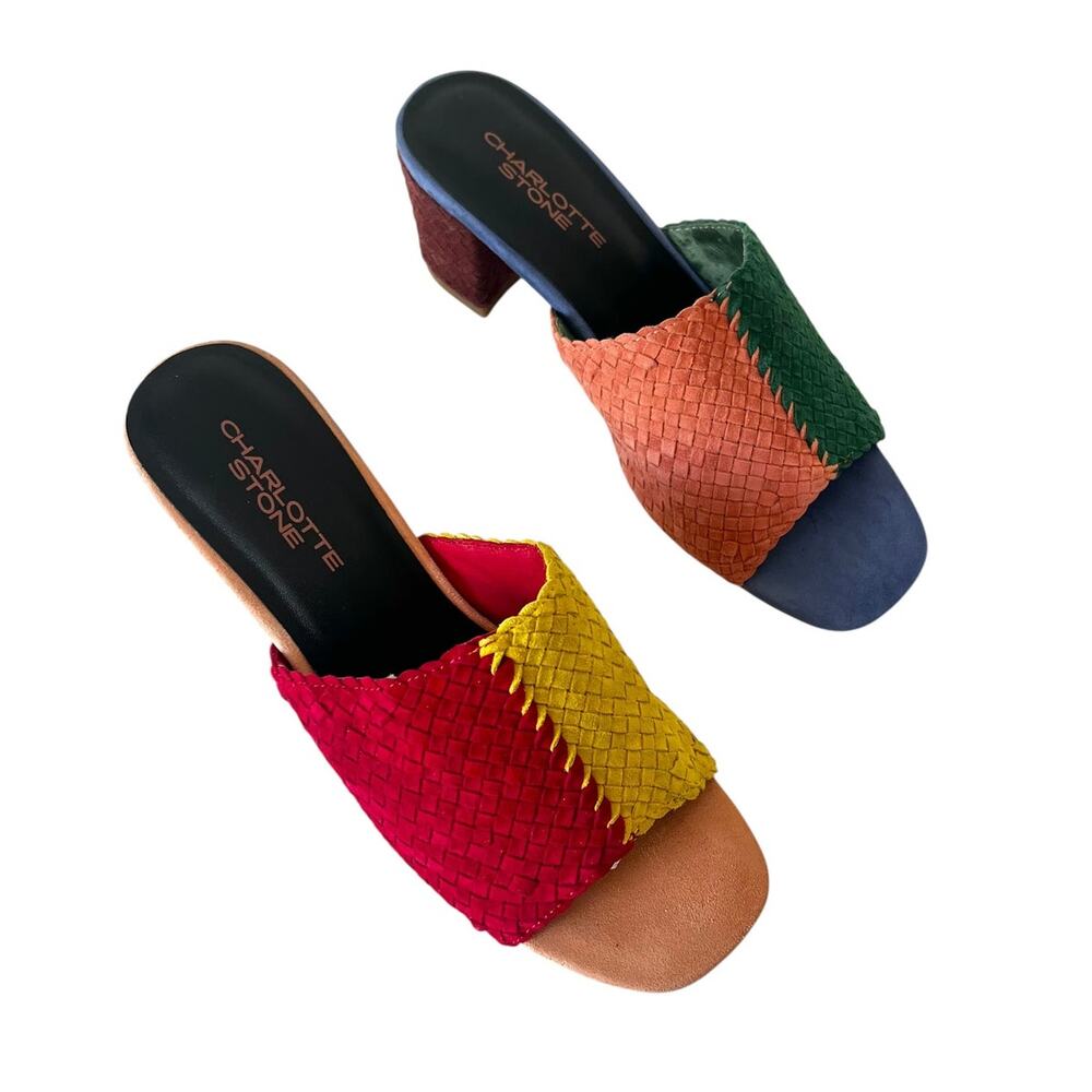Charlotte Stone Lenu Tropical Mismatch Woven Suede Slide Sandal 7